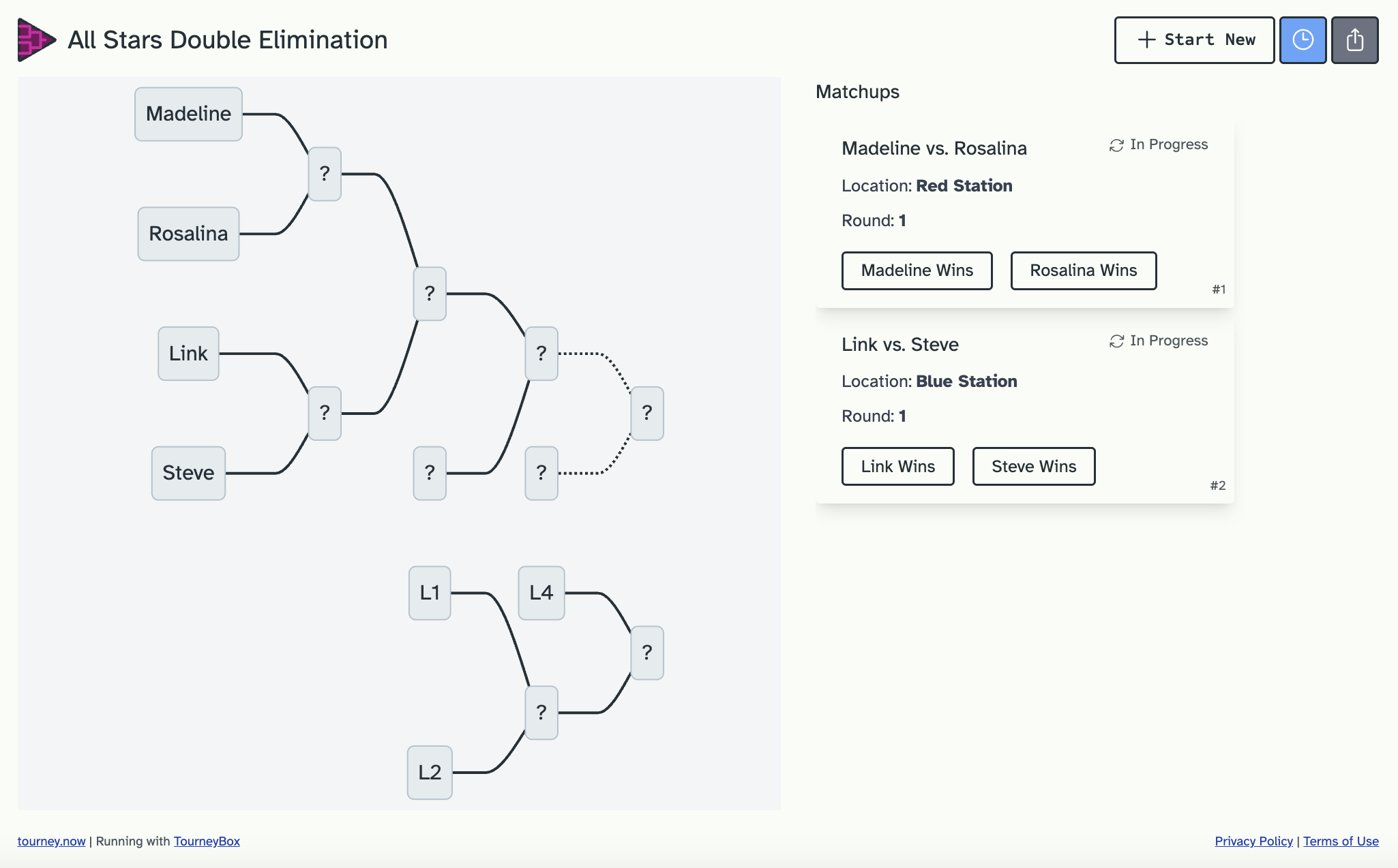 A screenshot of running a double elimination tournament A screenshot of a double elimination tournament running on the TourneyBit platform. The winners' and losers' brackets are shown with competitors Madeline, Rosalina, Link, and Steve. Cards displaying the matchups in the tournament are shown, with each card displaying the competitors, location and round number, along with controls for moving up the competitors in the tournament.
